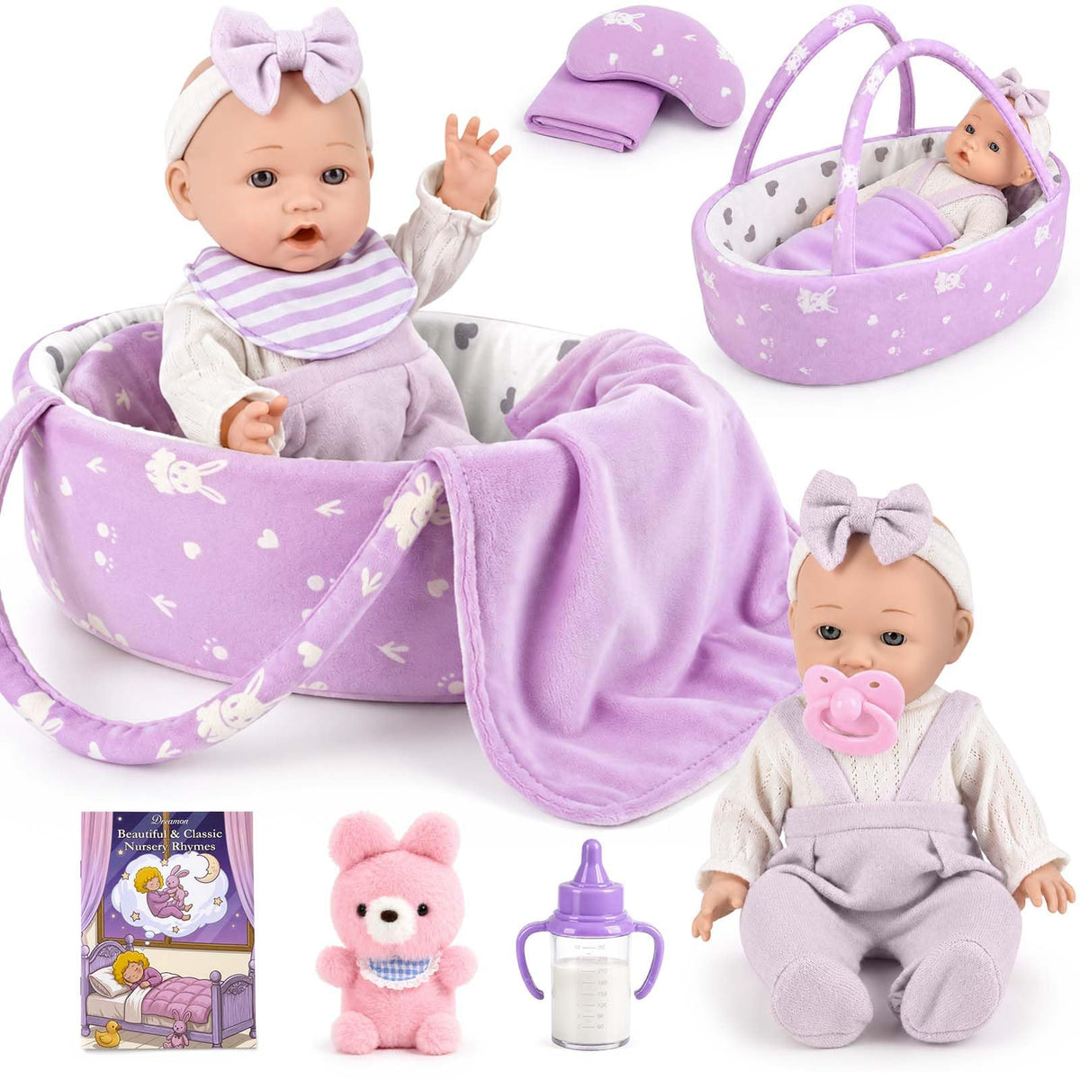 Dreamon Baby Doll Set 12" Baby Doll with Feeding & Caring Accessories, Pink