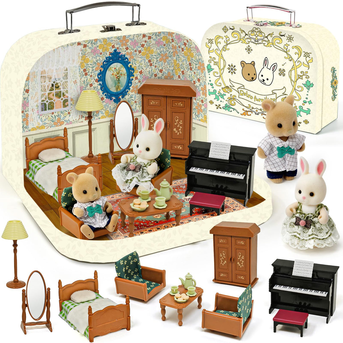 Dollhouse Kitchen Furniture Suitcase Set for Kids, 2 Flexible Dolls/Dining Tble/Kitchenware/Tableware/Refrigerator/Bread, Pretend Play Dollhouse Accessories Christmas Birthday Gift for Girls Ages 3+