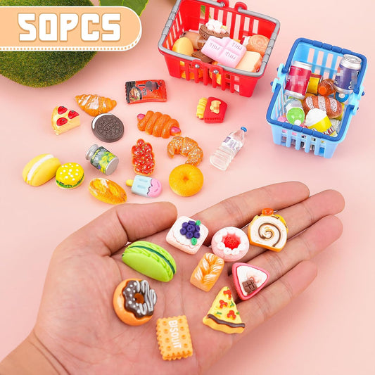 50Pcs Miniature Food Drinks Bottle Soda Pop Cans, Pretend Play Mini Kitchen Game Party Accessories Toys Hamburg Cake Ice Cream for 1/12 Doll House