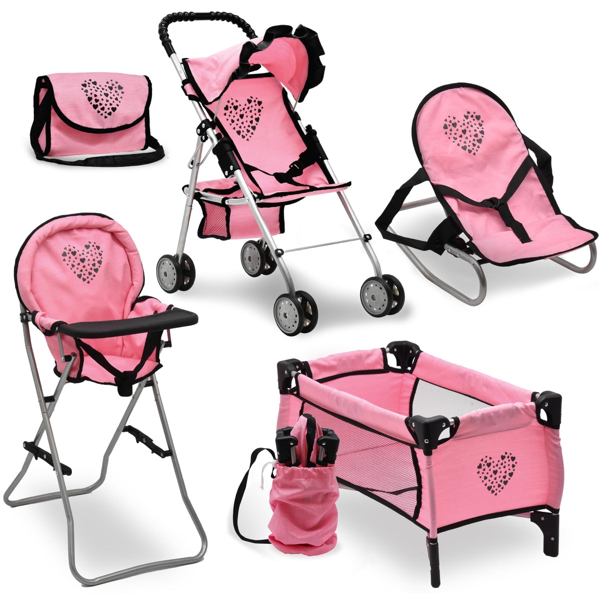 Baby Doll Stroller Bed and Seat Nursery Playset, Baby Doll Accessories Set High Chair Diaper Bag Role Play Deluxe Baby Doll Floral Set