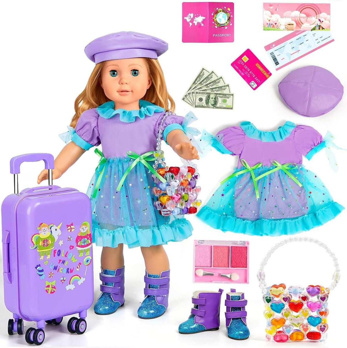 WONDOLL American 18 Inch Doll Clothes and Accessories, Suitcase Outfit Set