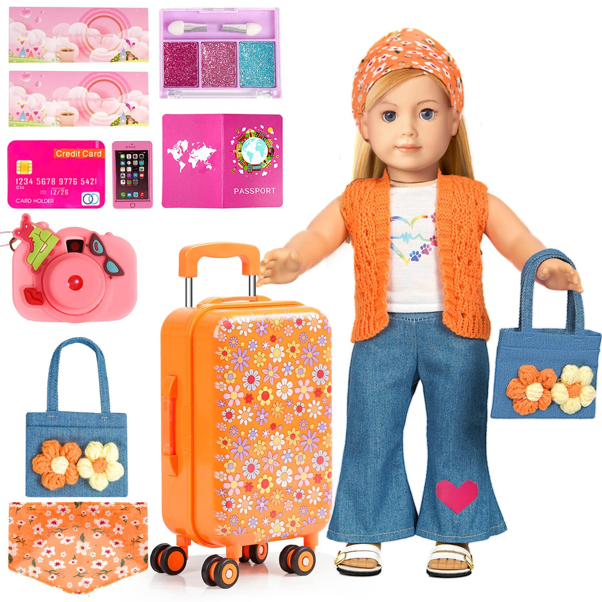 American 18 Inch Doll Suitcase Accessories Clothes Outfit with Makeup Set
