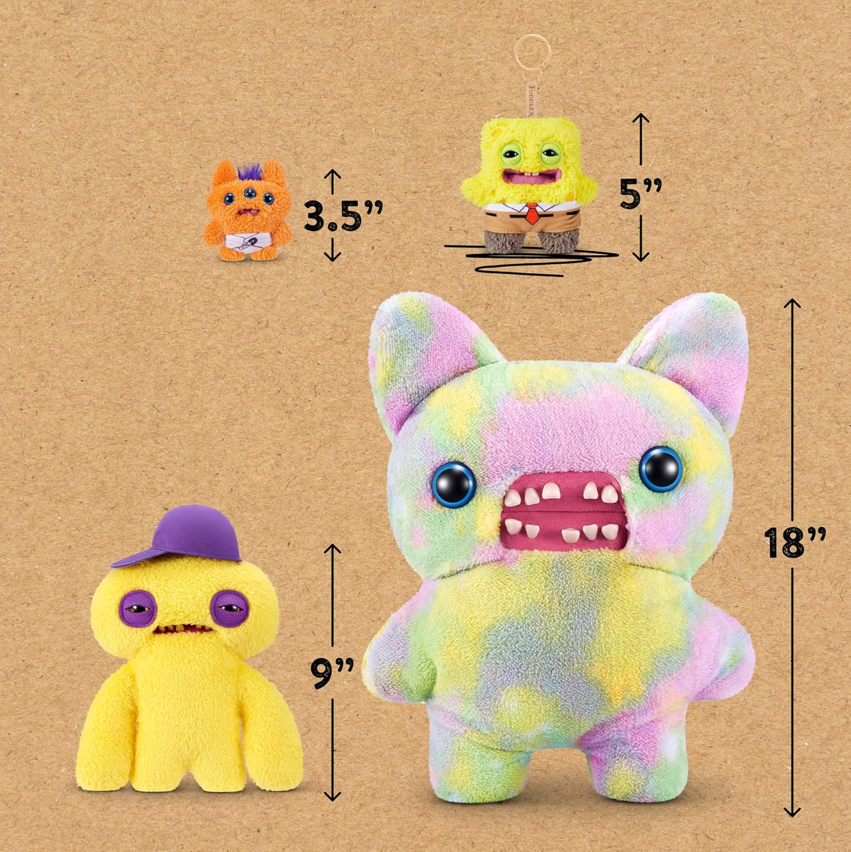 Fuggler Spongebob 5-inch Licensed Keyring Assortment 5 Pack by ZURU – Funny Ugly Monster Stuffed Animal with Human-Like Teeth, Collectible Bag Charm for Kids, Tweens, Teens, Adults