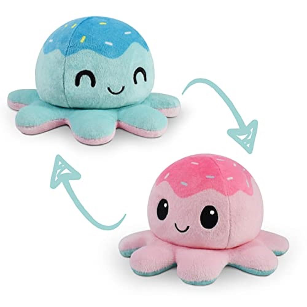TeeTurtle Reversible Octopus Plushie 4-Inch Pink + Aqua Two-Sided Flip Plush Toy with Embroidered Details - Cute Mini Collectible Plush for Kids, Teens, and Adults