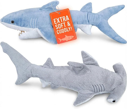 Large Plush Shark Stuffed Animals (2-Pack) 14-In Mako & 13 Inch Hammerhead
