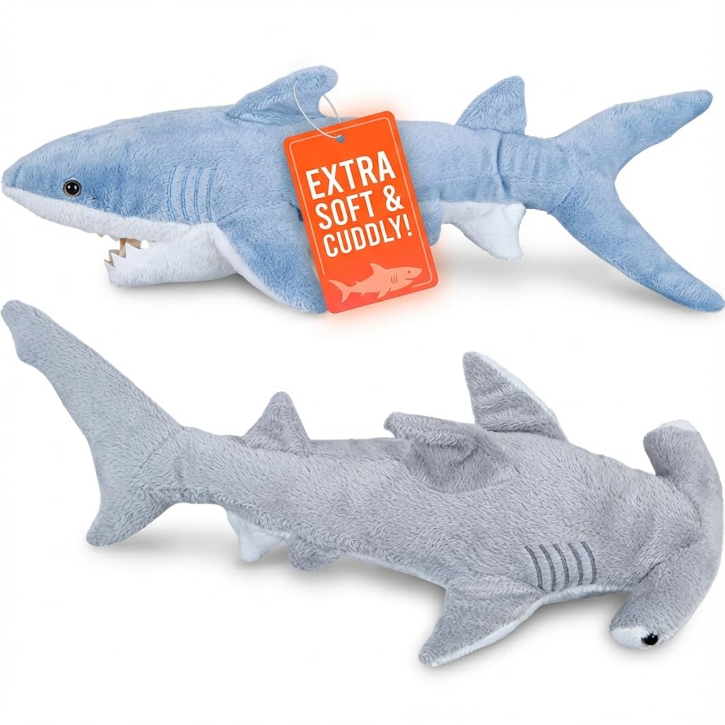 Large Plush Shark Stuffed Animals (2-Pack) 14-In Mako & 13 Inch Hammerhead