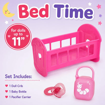 JC Toys Deluxe Doll Accessory Bundle | High Chair, Crib, Bath and Extra Accessories for Dolls up to 11" | Fits 11" La Baby & Other Similar Sized Dolls, Pink (81453)