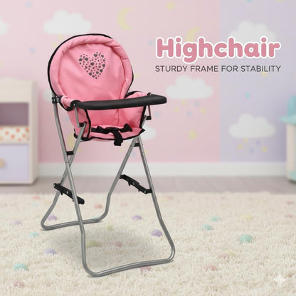 Dolls To Play Baby Doll Stroller Bed and Seat Nursery Playset, Accessories Set High Chair Diaper Bag Role Play Deluxe Set Heart Design