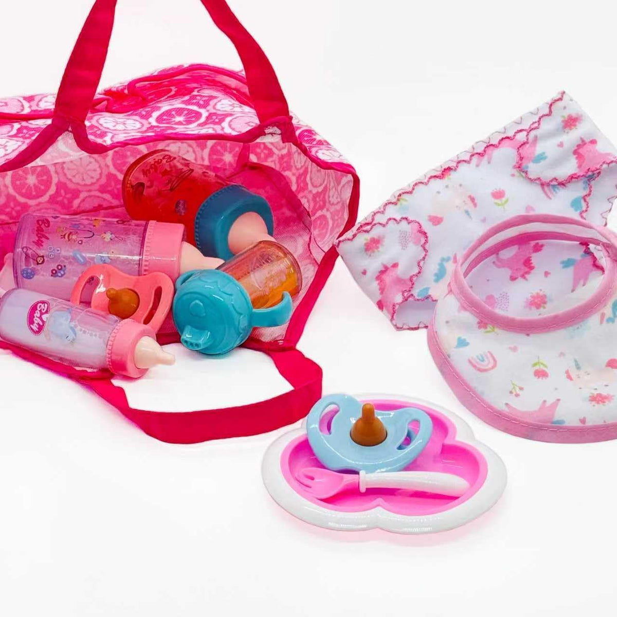 Baby Doll Accessories Magic Bottle Set - Doll Feeding Pretend Playset with Disappearing Milk & Juice Bottles,Handbag Pacifiers Bowl Diaper & Bib Doll Bottle Toys set Gift for Kids Girls Ages 3+