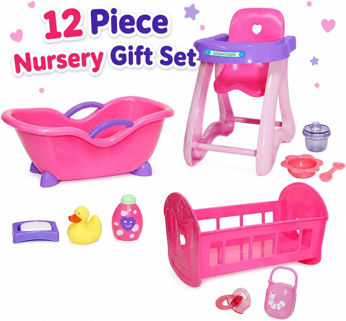 JC Toys Deluxe Doll Accessory Bundle | High Chair, Crib, Bath and Extra Accessories for Dolls up to 11" | Fits 11" La Baby & Other Similar Sized Dolls, Pink (81453)