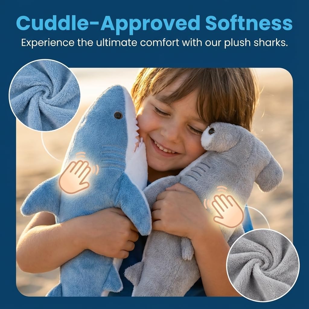 Large Plush Shark Stuffed Animals (2-Pack) 14-In Mako & 13 Inch Hammerhead