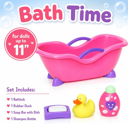 JC Toys Deluxe Doll Accessory Bundle | High Chair, Crib, Bath and Extra Accessories for Dolls up to 11" | Fits 11" La Baby & Other Similar Sized Dolls, Pink (81453)