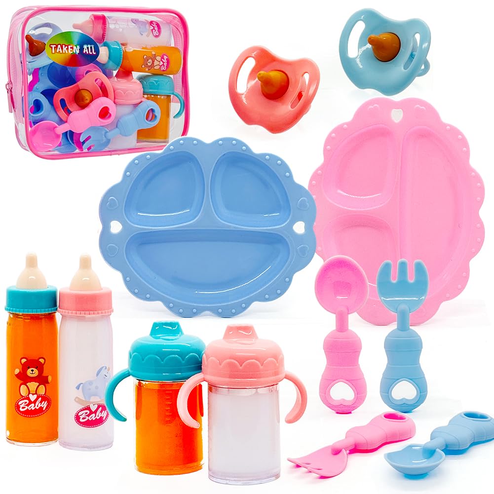 Baby Doll Accessories Magic Bottle set Magic Disappearing Milk Juice Bottles Sippy Cups with Pacifiers Bowl Spoons, Doll Bottle Toys Feeding Pretend Playset for Kids Girls Ages 3+ (Middle set(12pcs))