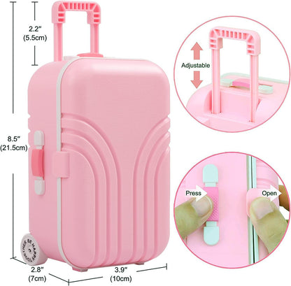 Windolls 18 Inch Doll Suitcase Travel Luggage Play Accessories, Doll Clothes Accessories Carrier Storage Set, Case, Hat, Sunglasses, Camera, Pillow, Toy Pet
