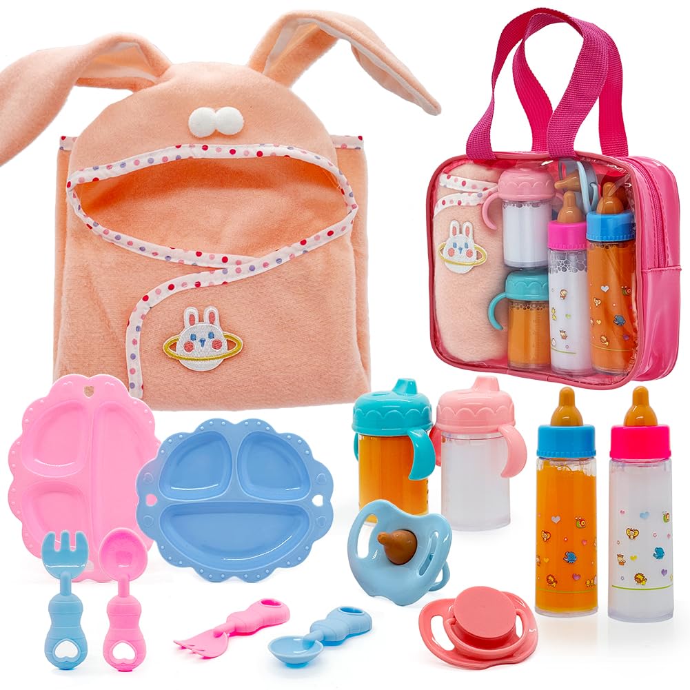 Baby Doll Accessories Magic Bottle Set - 11 Pieces Doll Feeding Pretend Playset with Disappearing Milk & Juice Bottles, Pacifiers Bowl Diaper and Bib Doll Bottle Toys set Gift for Kids Girls Ages 3+