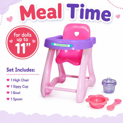 JC Toys Deluxe Doll Accessory Bundle | High Chair, Crib, Bath and Extra Accessories for Dolls up to 11" | Fits 11" La Baby & Other Similar Sized Dolls, Pink (81453)