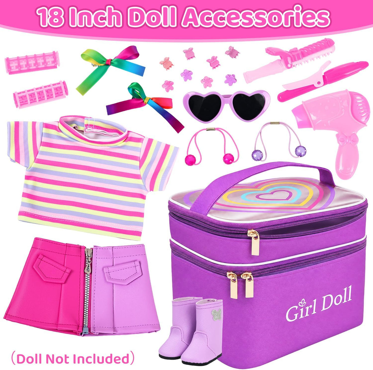 Ecore Fun 18 Inch Doll Accessories Set, Hair Styling Kit with Storage Bag