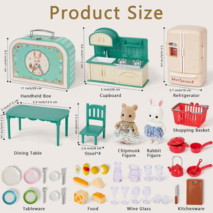 Dollhouse Kitchen Furniture Suitcase Set for Kids, 2 Flexible Dolls/Dining Tble/Kitchenware/Tableware/Refrigerator/Bread, Pretend Play Dollhouse Accessories Christmas Birthday Gift for Girls Ages 3+