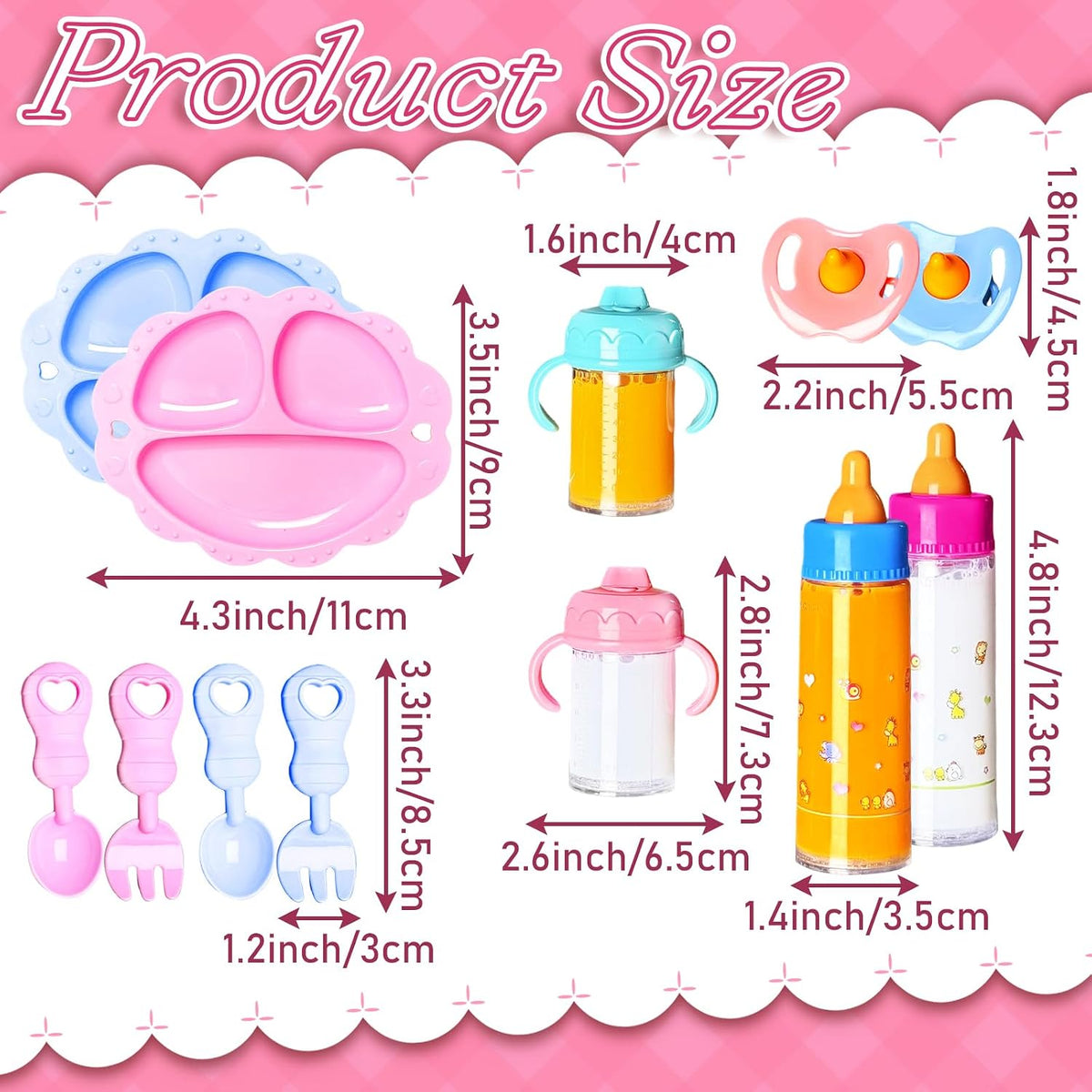 15Pcs Baby Doll Accessories Magic Bottle Set,Pretend Play Feeding Toy with Juice Milk Bottles,Sippy Cups,Pacifiers,Bowl Spoons,Bib,Diaper,Dolls Feeding Kit for Kids Girls,Party,Gift