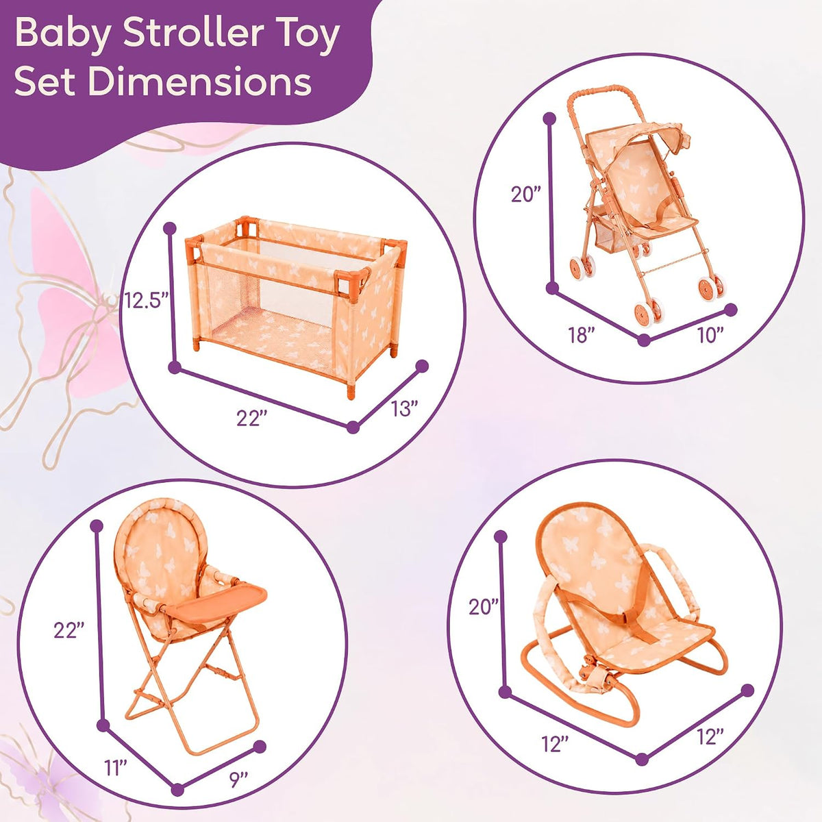 4-in-1 Baby Doll Stroller Set with Butterfly Design – Includes Toy Stroller, Crib, Bouncer & High Chair – Doll Accessories & Baby Doll Furniture Set for Kids Ages 3+ – Fits Dolls up to 18 Inches