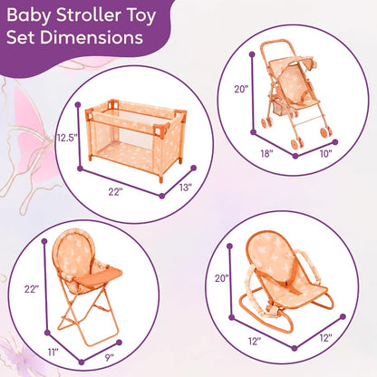 4-in-1 Baby Doll Stroller Set with Butterfly Design – Includes Toy Stroller, Crib, Bouncer & High Chair – Doll Accessories & Baby Doll Furniture Set for Kids Ages 3+ – Fits Dolls up to 18 Inches