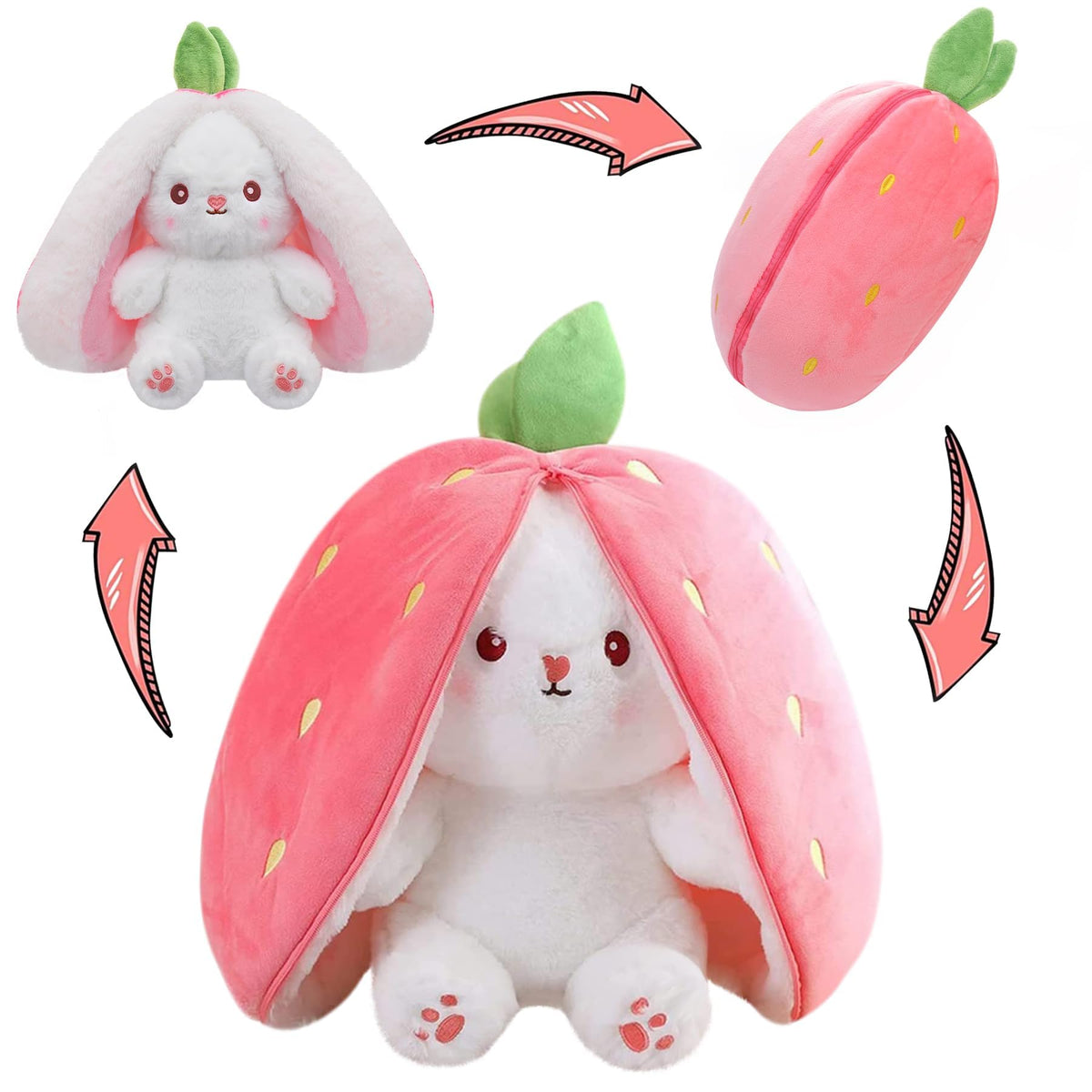 MIAODAM Strawberry Bunny Stuffed Animal,Reversible Cute Bunny Rabbit Plush