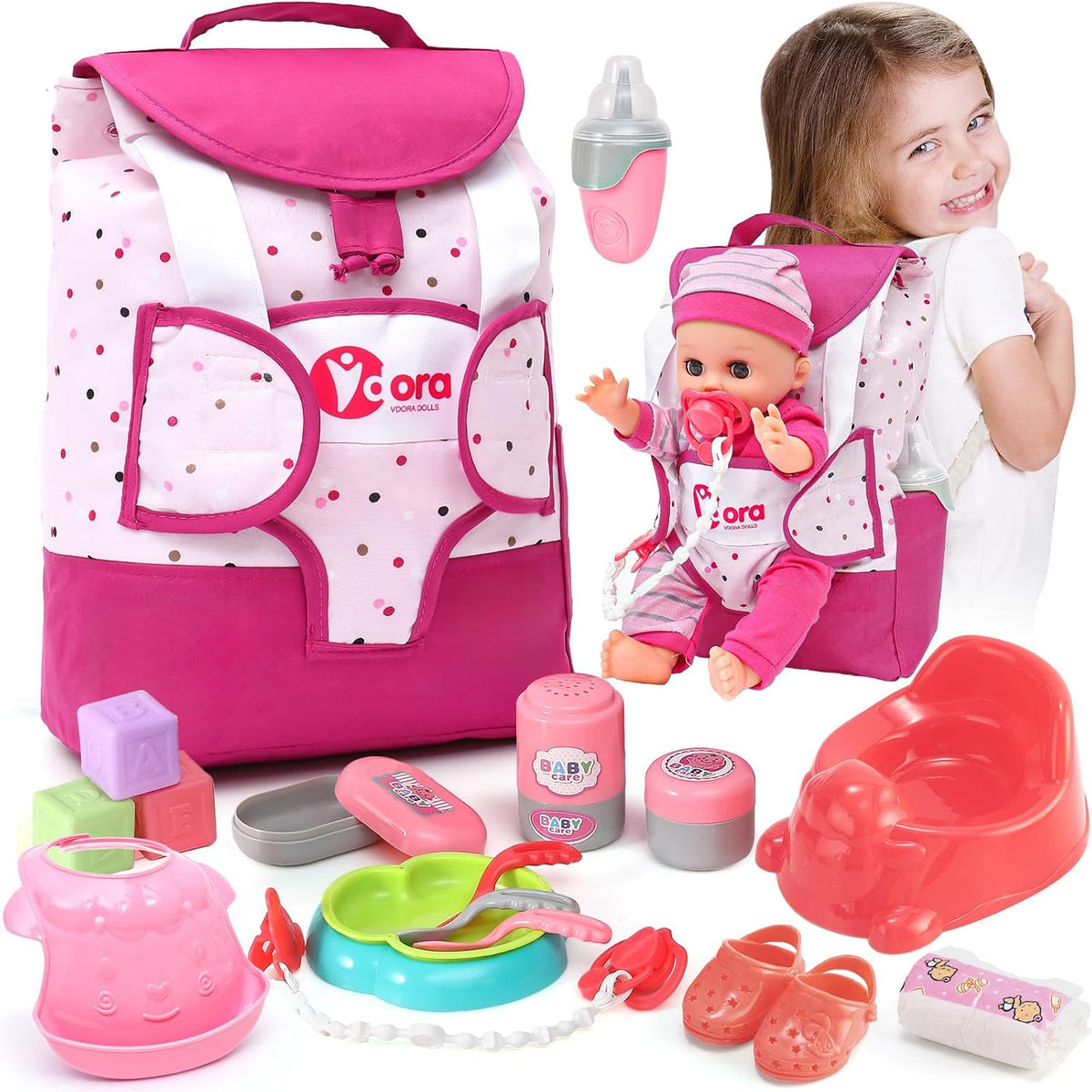 TUZT Baby Doll Accessories Playset, Baby Doll Care Toys with Changing Bag Backpack Feeding Set Doll Nappies Bottle Bath, Birthday Toys for Kids Girls (Doll Not Included)
