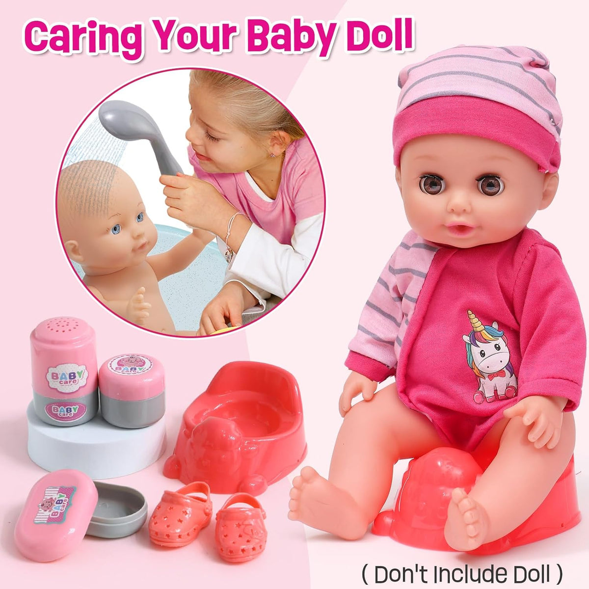 TUZT Baby Doll Accessories Playset, Baby Doll Care Toys with Changing Bag Backpack Feeding Set Doll Nappies Bottle Bath, Birthday Toys for Kids Girls (Doll Not Included)