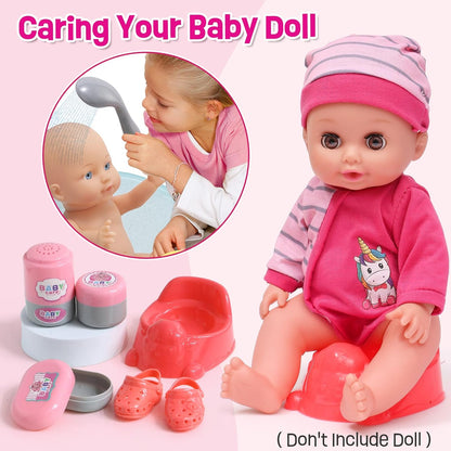 TUZT Baby Doll Accessories Playset, Baby Doll Care Toys with Changing Bag Backpack Feeding Set Doll Nappies Bottle Bath, Birthday Toys for Kids Girls (Doll Not Included)