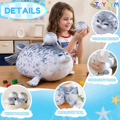 TOYSYM Chubby Blob Seal Pillow Cute Seal Plush with 4 Baby Plushies in Her Tummy, Soft Large Stuffed Animals Toy Gifts for Kids (20inch)