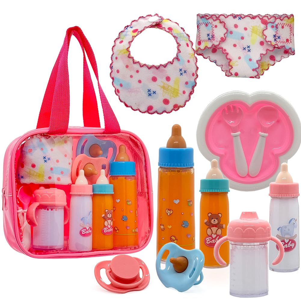 Baby Doll Accessories Magic Bottle Set - 13 Pieces Doll Feeding Pretend Playset with Disappearing Milk & Juice Bottles, Pacifiers Bowl and Bath Towel Doll Bottle Toys set Gift for Kids Girls Ages 3+