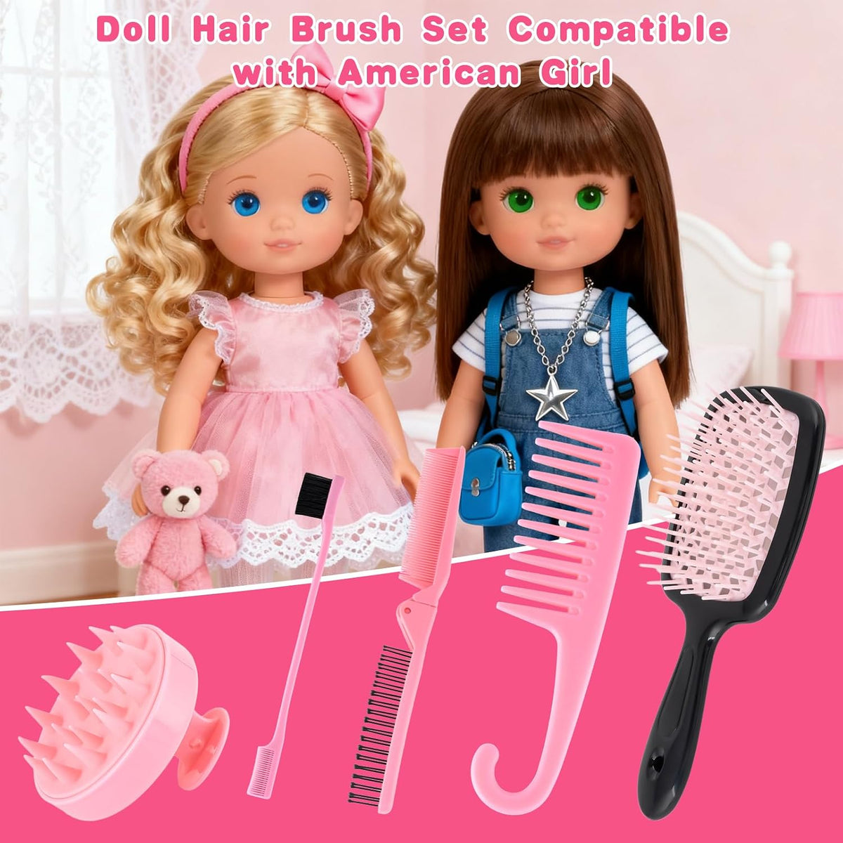 Doll Hair Brush Compatible with American Girl, Doll Wig Brush Set with Spray Bottle Detangle Brush Curly Hair Comb Set Fit for American Girl Doll Accessories, Doll Head Hair Styling Brush Set 8 PCS·