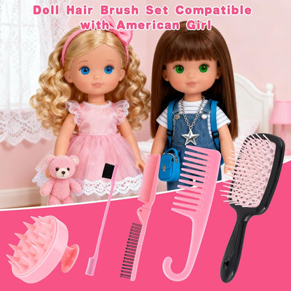 Doll Hair Brush Compatible with American Girl, Doll Wig Brush Set with Spray Bottle Detangle Brush Curly Hair Comb Set Fit for American Girl Doll Accessories, Doll Head Hair Styling Brush Set 8 PCS·