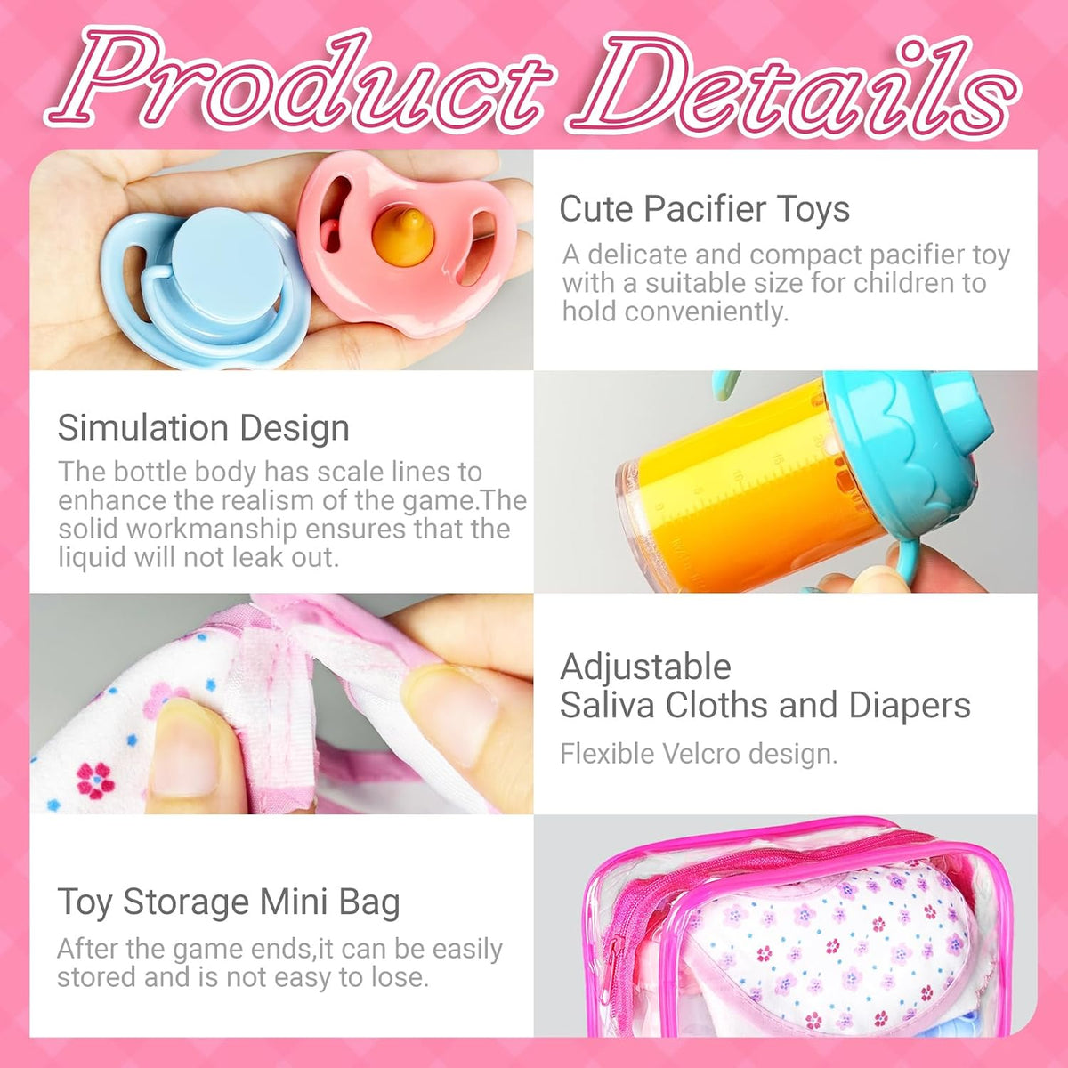 15Pcs Baby Doll Accessories Magic Bottle Set,Pretend Play Feeding Toy with Juice Milk Bottles,Sippy Cups,Pacifiers,Bowl Spoons,Bib,Diaper,Dolls Feeding Kit for Kids Girls,Party,Gift