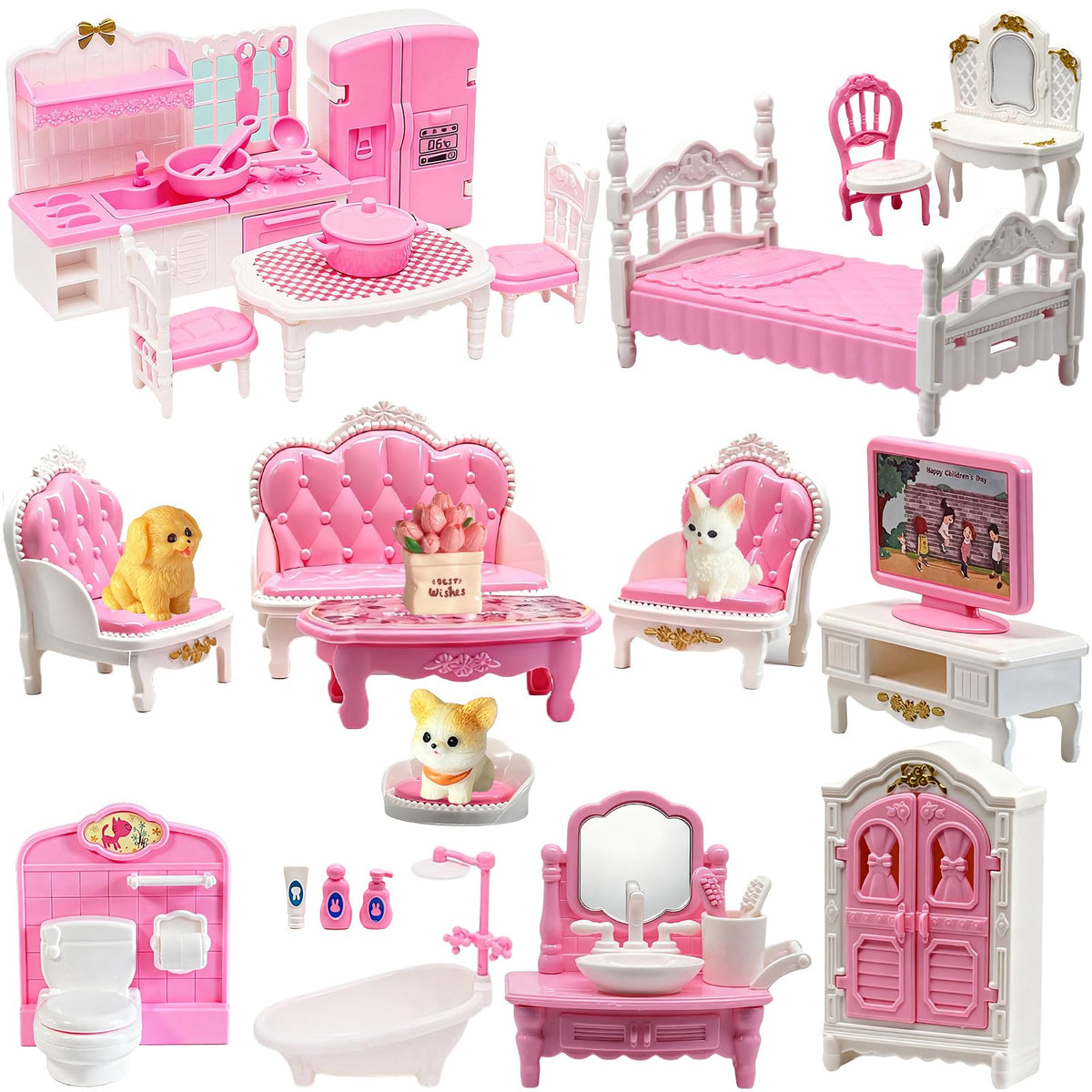 Dollhouse Furniture Set, 38 Pcs Miniature Doll House Accessories with Dogs and Cat ，Kitchen Bedroom Living Room Bathroom Furniture, Toy for Kids Ages 3+ Boys Girls, Great Gift Idea