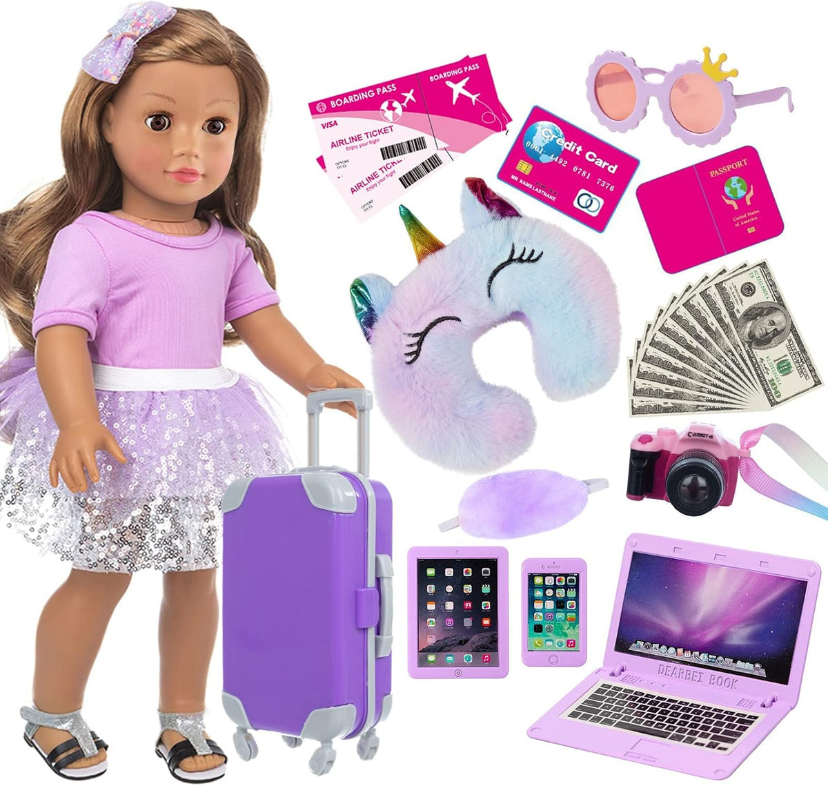 ZNTWEI American 18 Inch Doll Travel Suitcase with Clothes Accessories