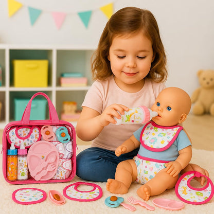 fash n kolor My Sweet 13-Piece Doll Feeding & Diaper Bag Set – Magic Disappearing Milk Bottles, Diapers, Bibs, Pacifiers & Accessories – Pretend Play Doll Care Kit with Carrying Bag for Girls