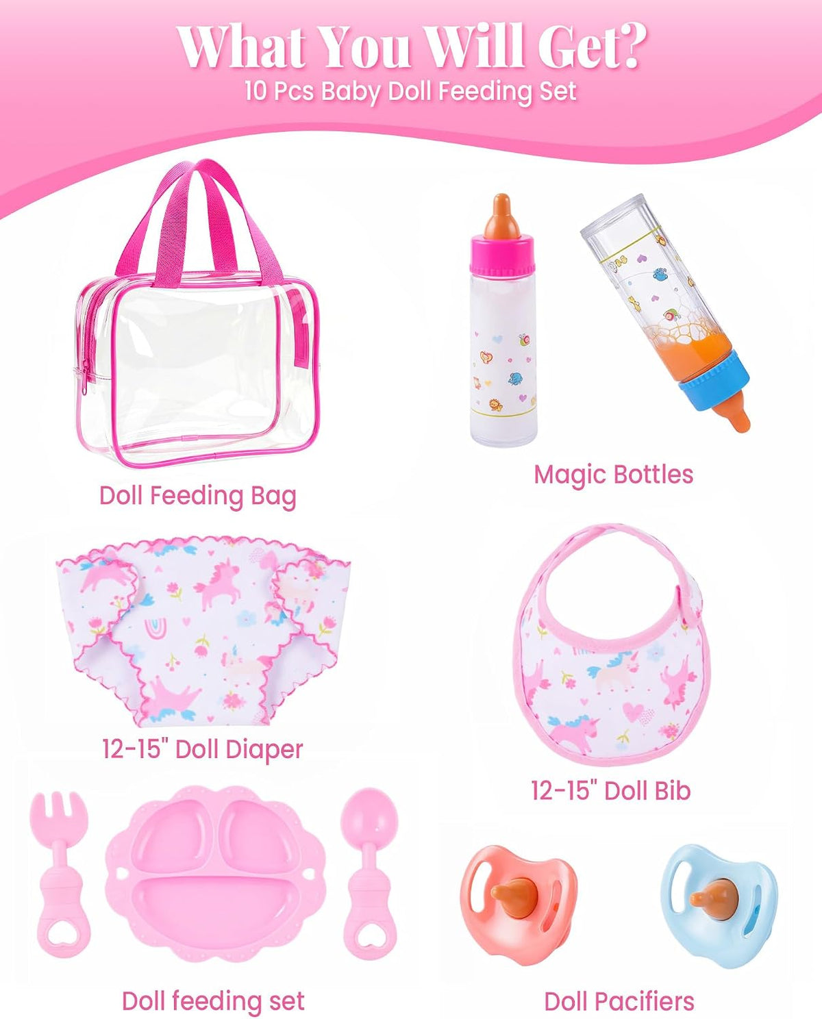 BABESIDE Baby Doll Accessories, 10 Pcs Doll Diaper Bag with Magic Bottles
