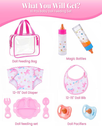 BABESIDE Baby Doll Accessories, 10 Pcs Doll Diaper Bag with Magic Bottles