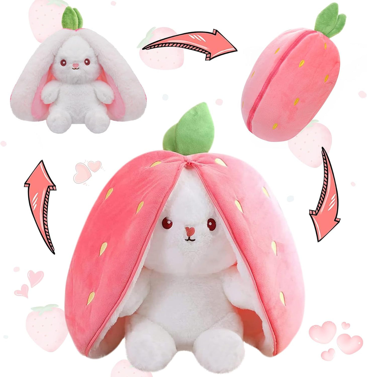 MIAODAM Strawberry Bunny Stuffed Animal,Reversible Cute Bunny Rabbit Plush