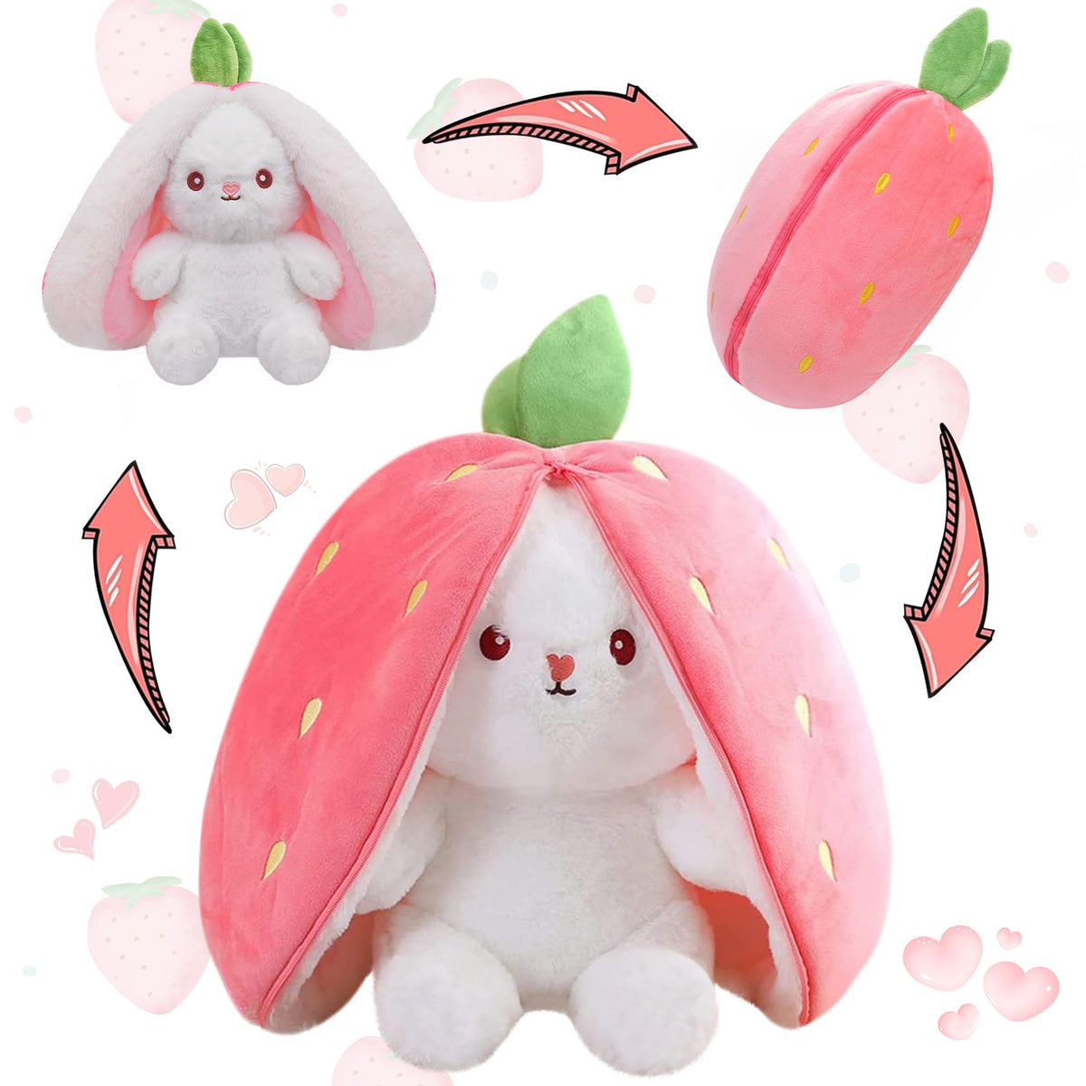 MIAODAM Strawberry Bunny Stuffed Animal,Reversible Cute Bunny Rabbit Plush