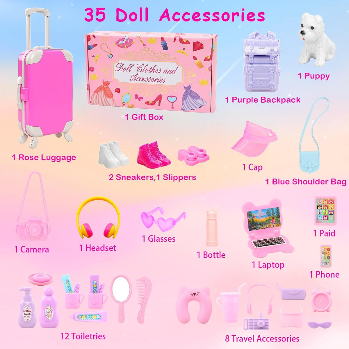 40 PCS Doll Travel Accessories Playset for 11.5 Inch Girl Dolls