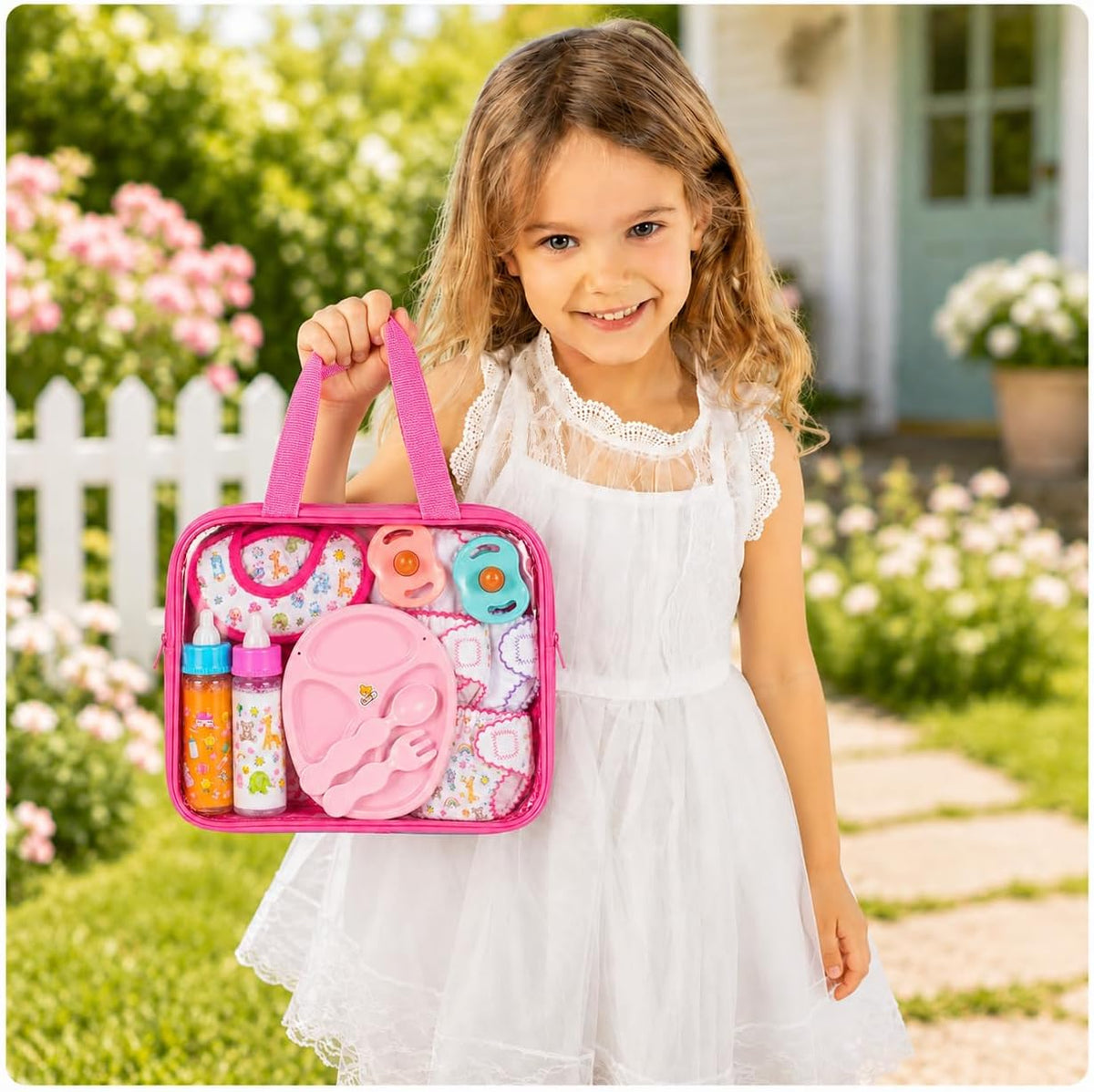 fash n kolor My Sweet 13-Piece Doll Feeding & Diaper Bag Set – Magic Disappearing Milk Bottles, Diapers, Bibs, Pacifiers & Accessories – Pretend Play Doll Care Kit with Carrying Bag for Girls