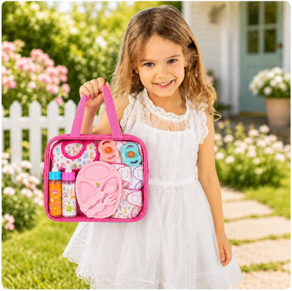 fash n kolor My Sweet 13-Piece Doll Feeding & Diaper Bag Set – Magic Disappearing Milk Bottles, Diapers, Bibs, Pacifiers & Accessories – Pretend Play Doll Care Kit with Carrying Bag for Girls