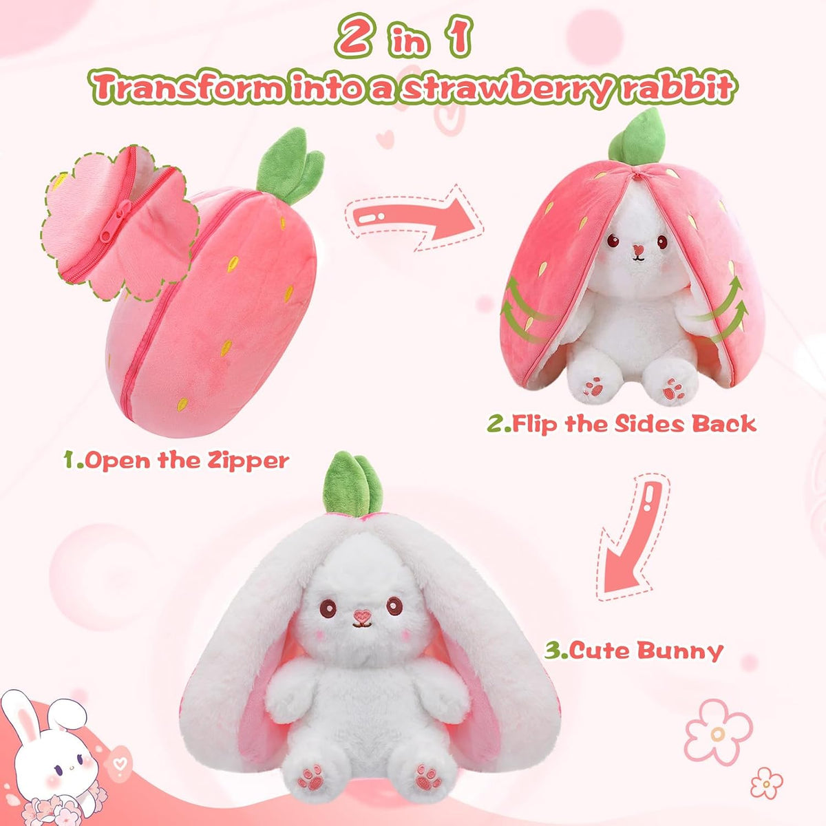 MIAODAM Strawberry Bunny Stuffed Animal,Reversible Cute Bunny Rabbit Plush