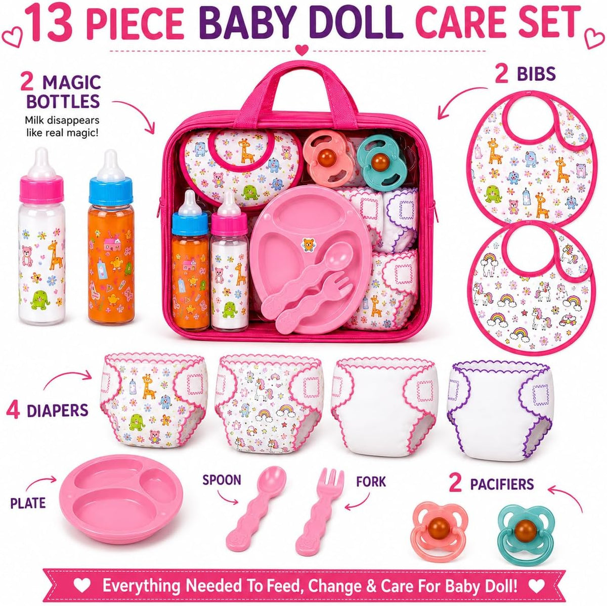 fash n kolor My Sweet 13-Piece Doll Feeding & Diaper Bag Set – Magic Disappearing Milk Bottles, Diapers, Bibs, Pacifiers & Accessories – Pretend Play Doll Care Kit with Carrying Bag for Girls