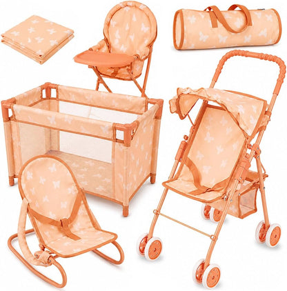 4-in-1 Baby Doll Stroller Set with Butterfly Design – Includes Toy Stroller, Crib, Bouncer & High Chair – Doll Accessories & Baby Doll Furniture Set for Kids Ages 3+ – Fits Dolls up to 18 Inches