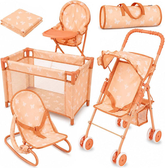 4-in-1 Baby Doll Stroller Set with Butterfly Design – Includes Toy Stroller, Crib, Bouncer & High Chair – Doll Accessories & Baby Doll Furniture Set for Kids Ages 3+ – Fits Dolls up to 18 Inches