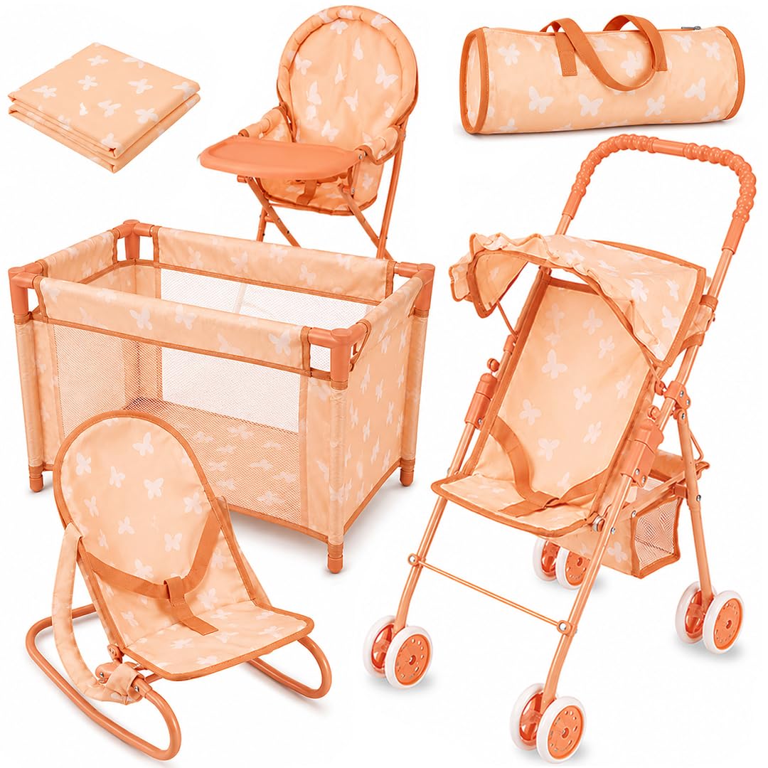 4-in-1 Baby Doll Stroller Set with Butterfly Design – Includes Toy Stroller, Crib, Bouncer & High Chair – Doll Accessories & Baby Doll Furniture Set for Kids Ages 3+ – Fits Dolls up to 18 Inches