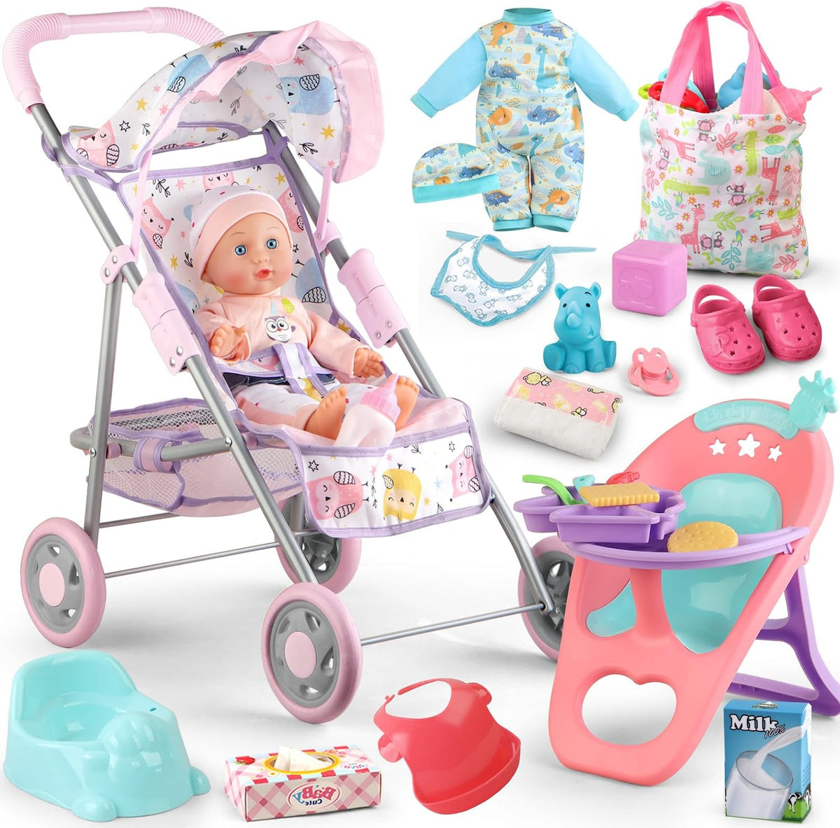 Baby Doll Stroller for Kids 3 4 5 6,Have Doll and 23 PCS Doll Accessories